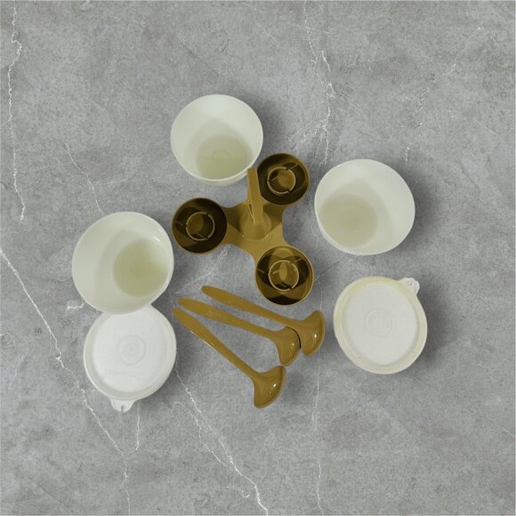 Tupperware Vintage Kitchen Condiment Set #757-3 With 3 Cups 3 Spoons 2 Lids & Ca - Picture 3 of 10